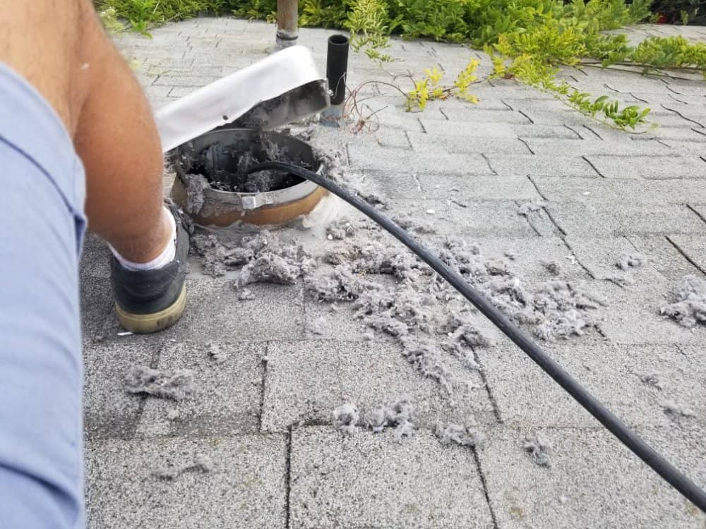 A person in shorts and a sneaker is kneeling on a shingled roof, cleaning out a vent pipe. A black hose is inserted into the pipe surrounded by piles of lint and debris. Green plants are visible in the background.